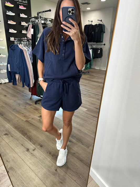 Navy French Terry Polo Top