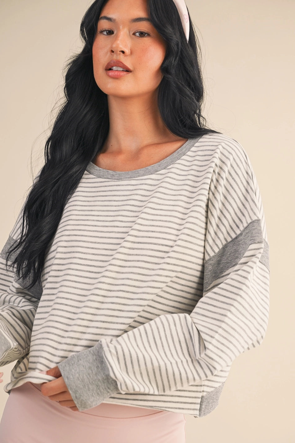 Striped Cutout Back Top White/Grey