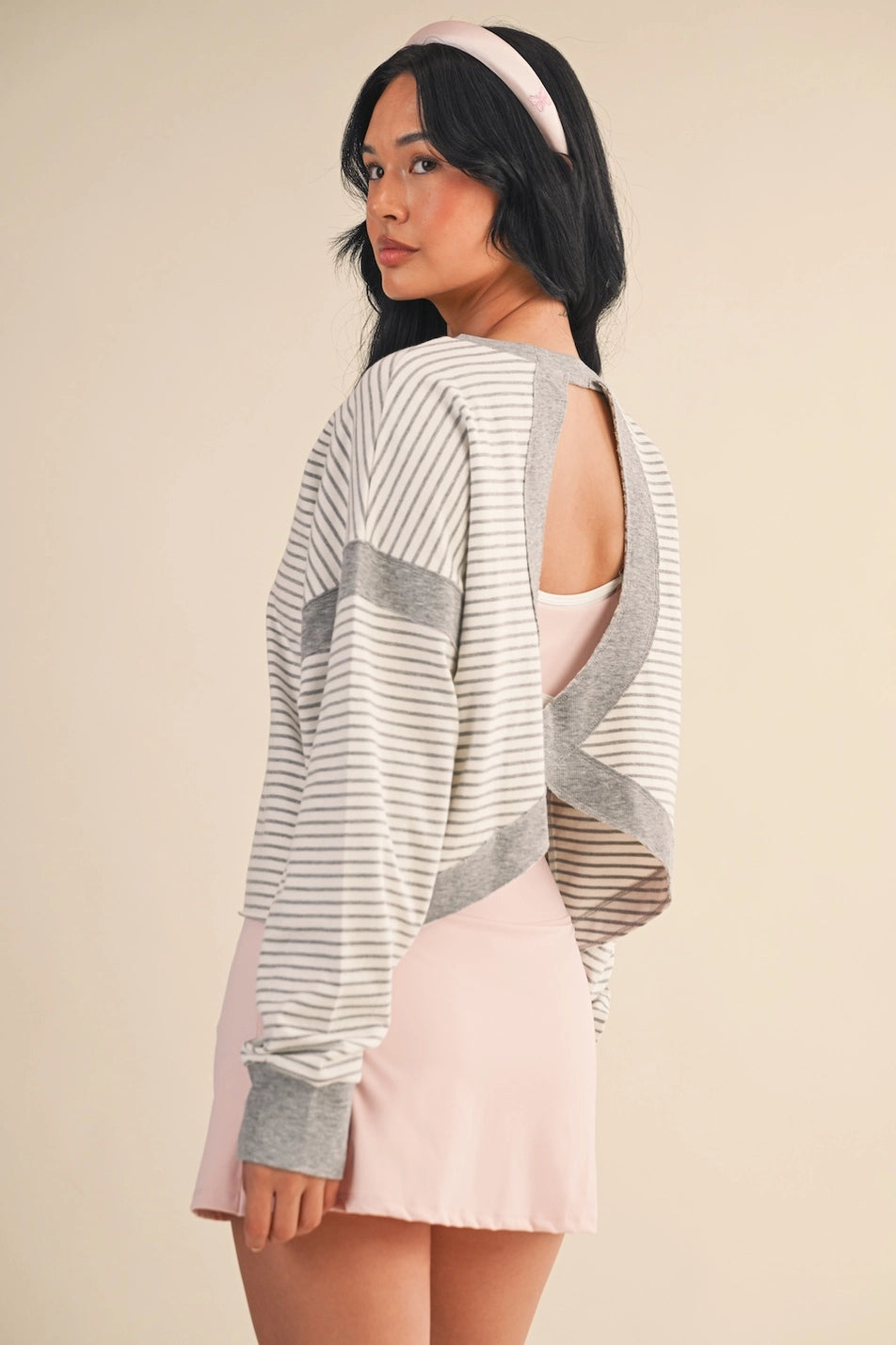 Striped Cutout Back Top White/Grey